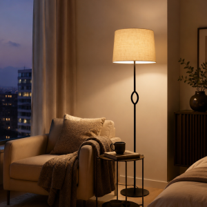 Lámpara de pie con pantalla textil iluminada junto a sillón en dormitorio elegante con luz cálida.