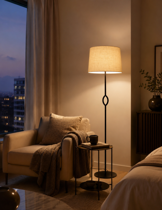 Lámpara de pie con pantalla textil iluminada junto a sillón en dormitorio elegante con luz cálida.