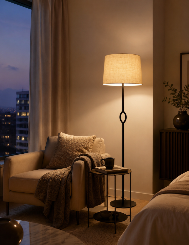 Lámpara de pie con pantalla textil iluminada junto a sillón en dormitorio elegante con luz cálida.