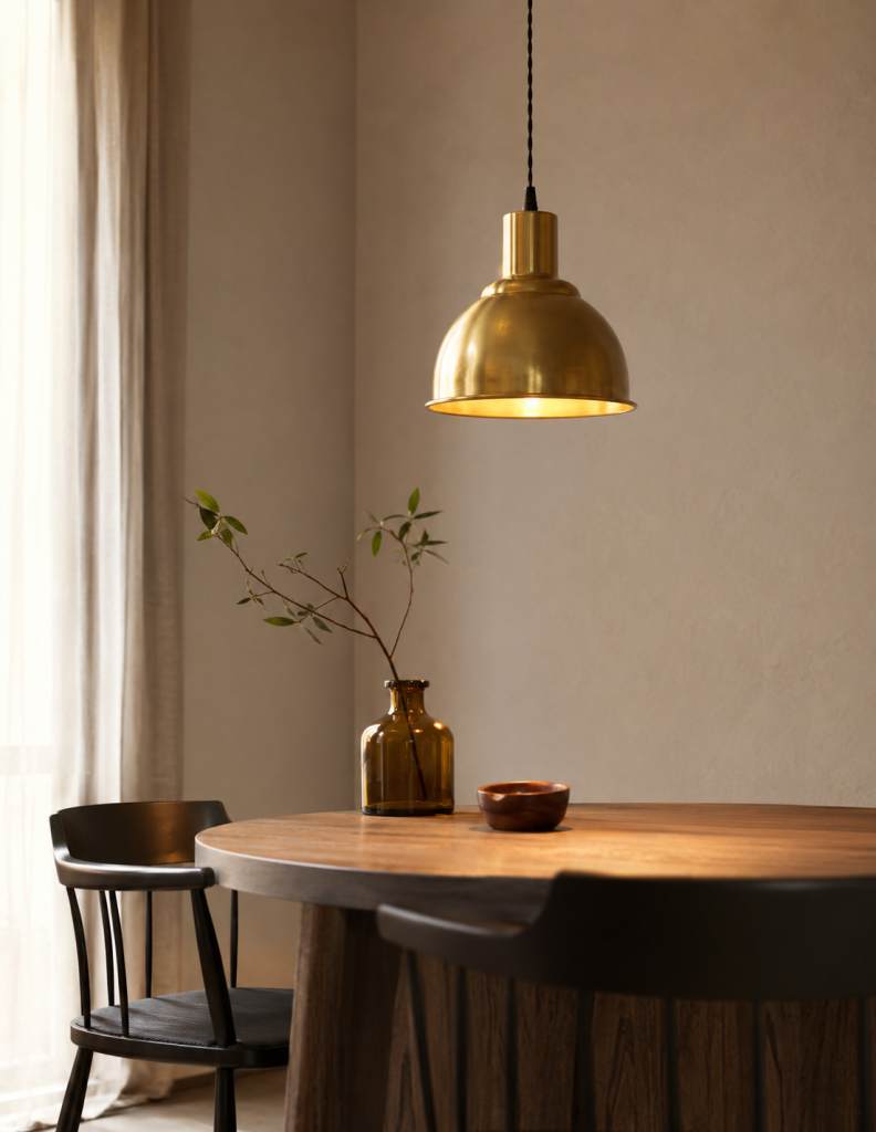 Lámpara colgante de latón envejecido instalada sobre mesa de comedor de madera con luz cálida.