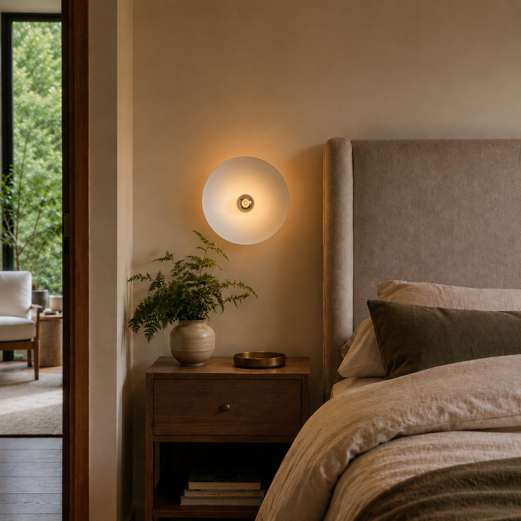Dormitorio elegante con aplique circular de pared, mesita de madera y cabecero tapizado
