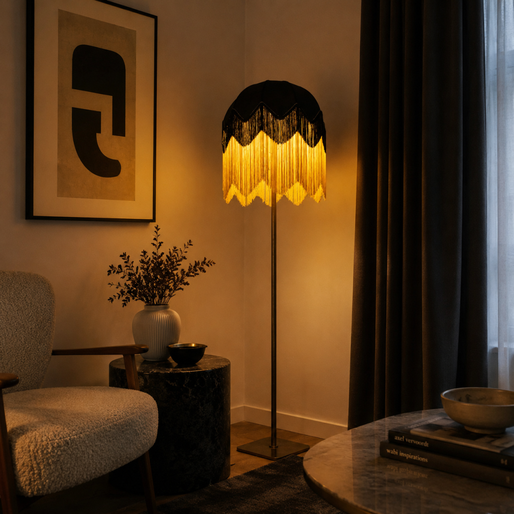 Lámpara de pie con flecos negros y dorados en un salón elegante de luz cálida