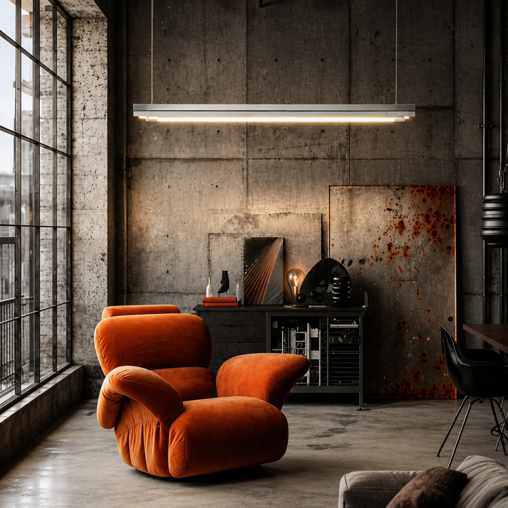 Salón industrial con sillón naranja y lámpara colgante lineal sobre pared de hormigón