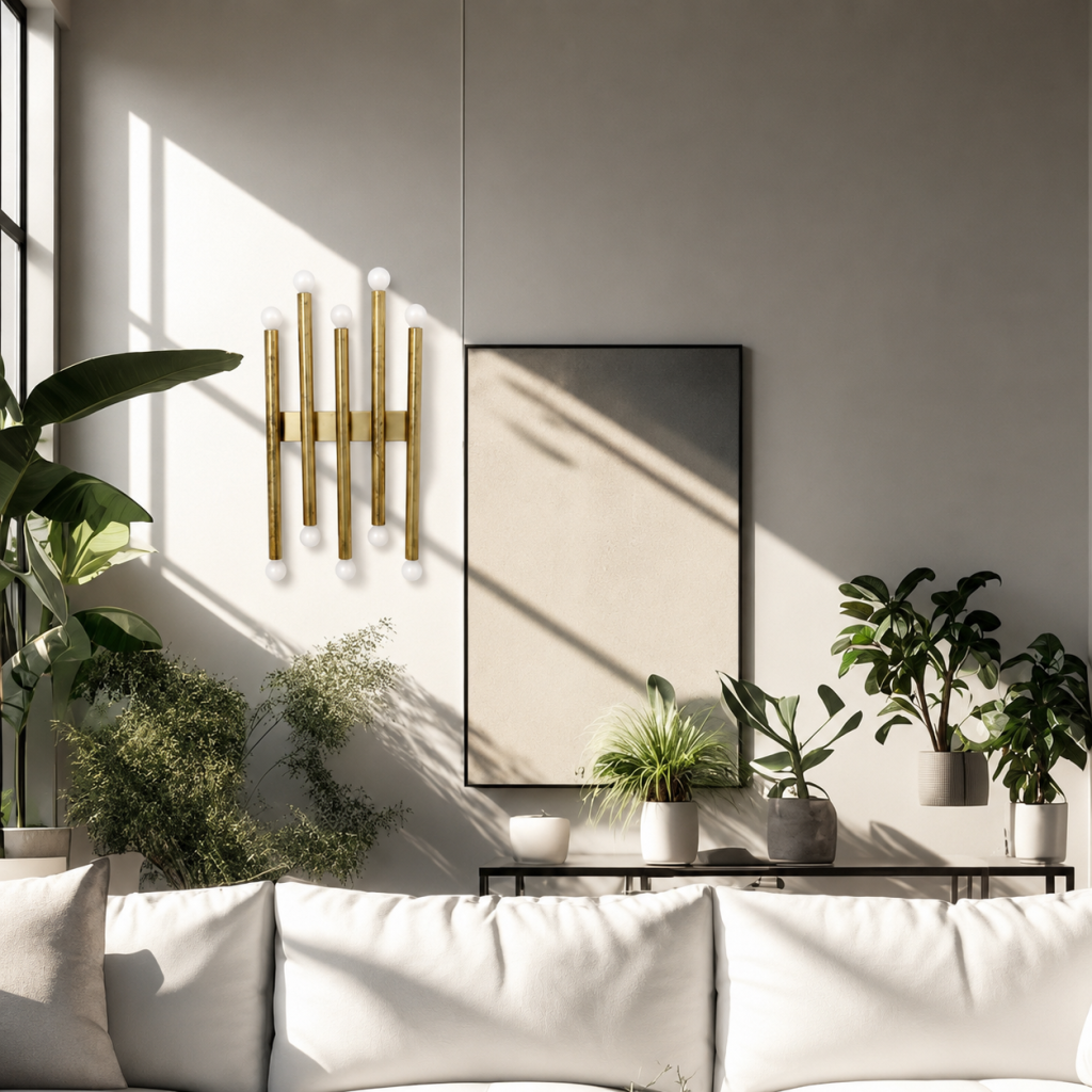 Aplique de pared dorado con tubos verticales y bombillas opalinas en un salón luminoso con plantas