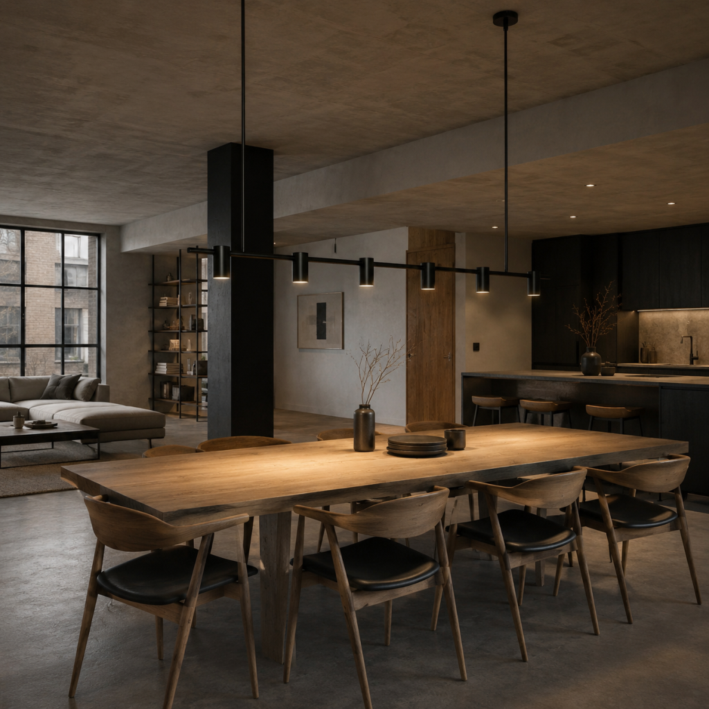 Lámpara colgante lineal negra sobre una mesa de comedor de madera en un interior moderno