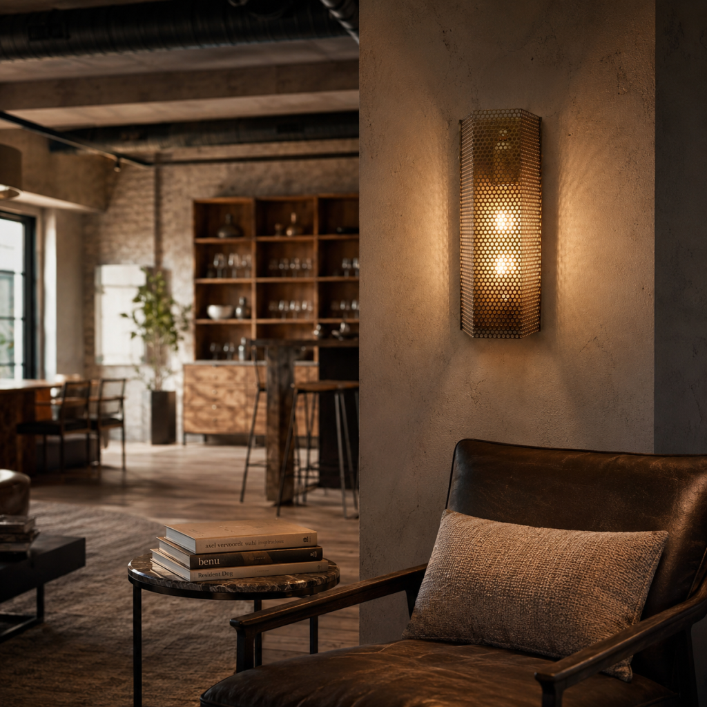 Aplique de pared de rejilla metálica con luz cálida en un salón de estilo industrial