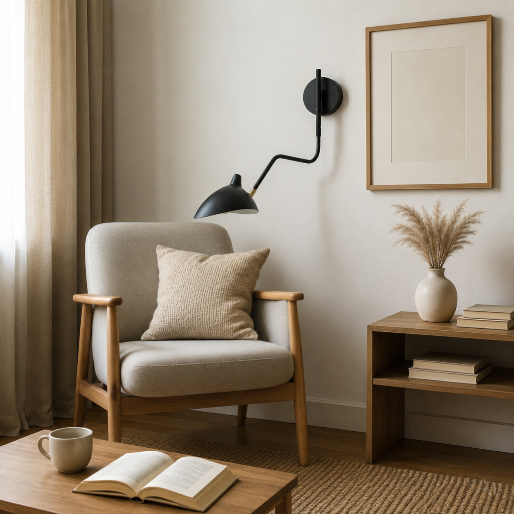 Aplique de pared negro orientable sobre un sillón de lectura en un salón de tonos neutros