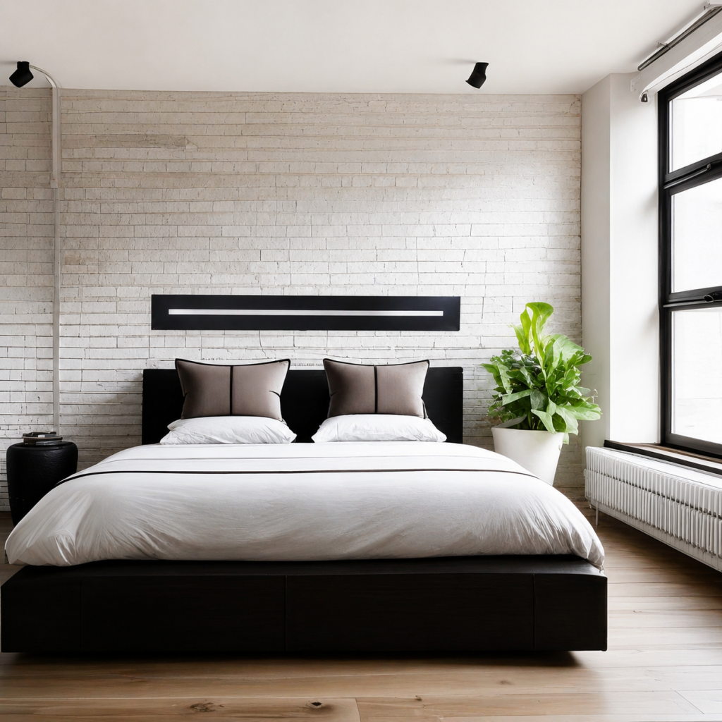 Dormitorio moderno con cabecero negro, pared de ladrillo blanco y aplique lineal sobre la cama