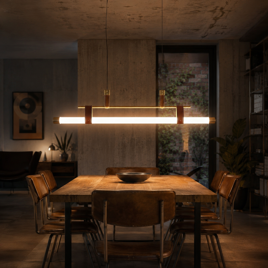 Lámpara colgante lineal de cristal opal con detalles en cuero sobre una mesa de comedor de madera