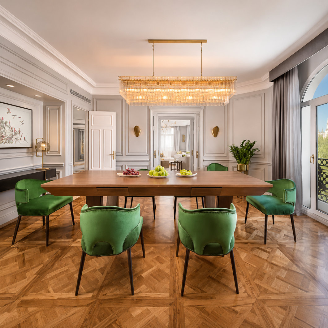 Lámpara colgante rectangular de cristal y acabado dorado sobre una mesa de comedor de madera con sillas verdes.