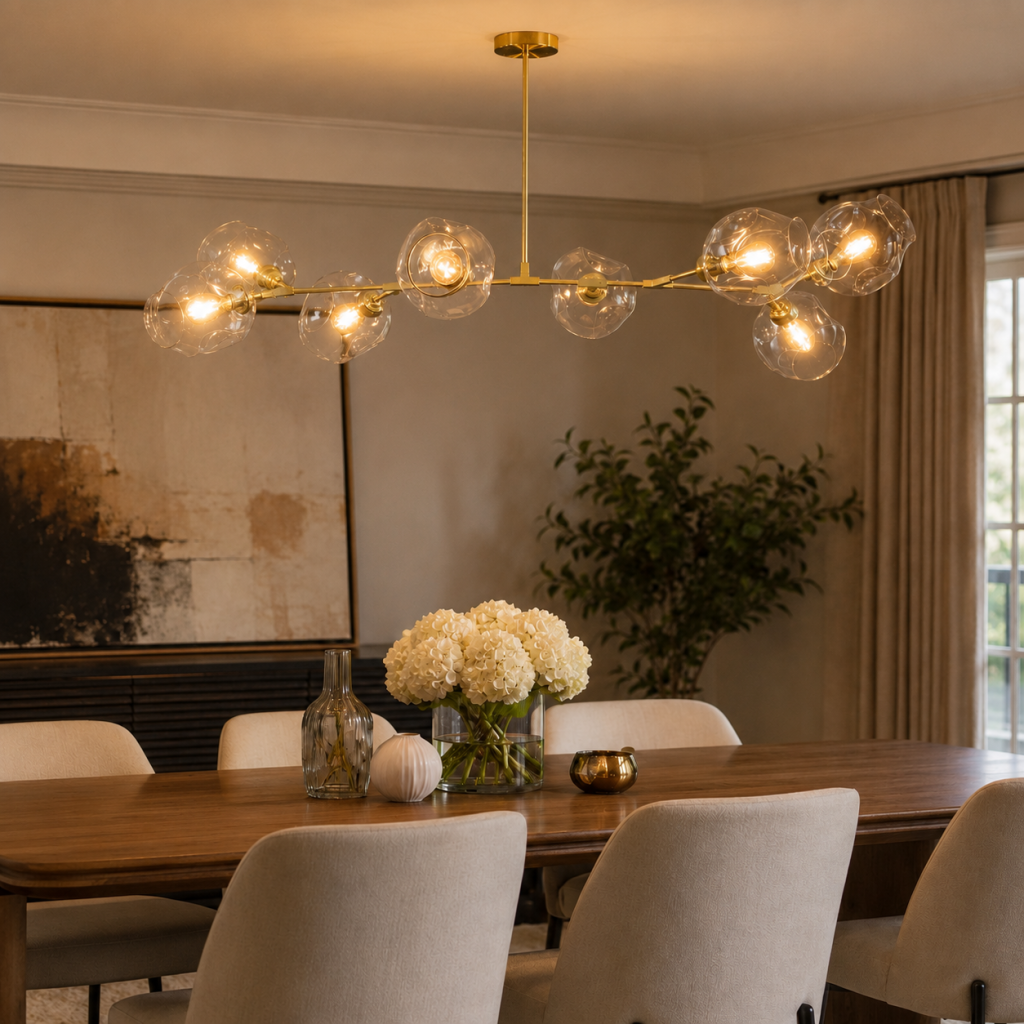 Lámpara colgante lineal dorada con tulipas de cristal transparente sobre una mesa de comedor de madera.
