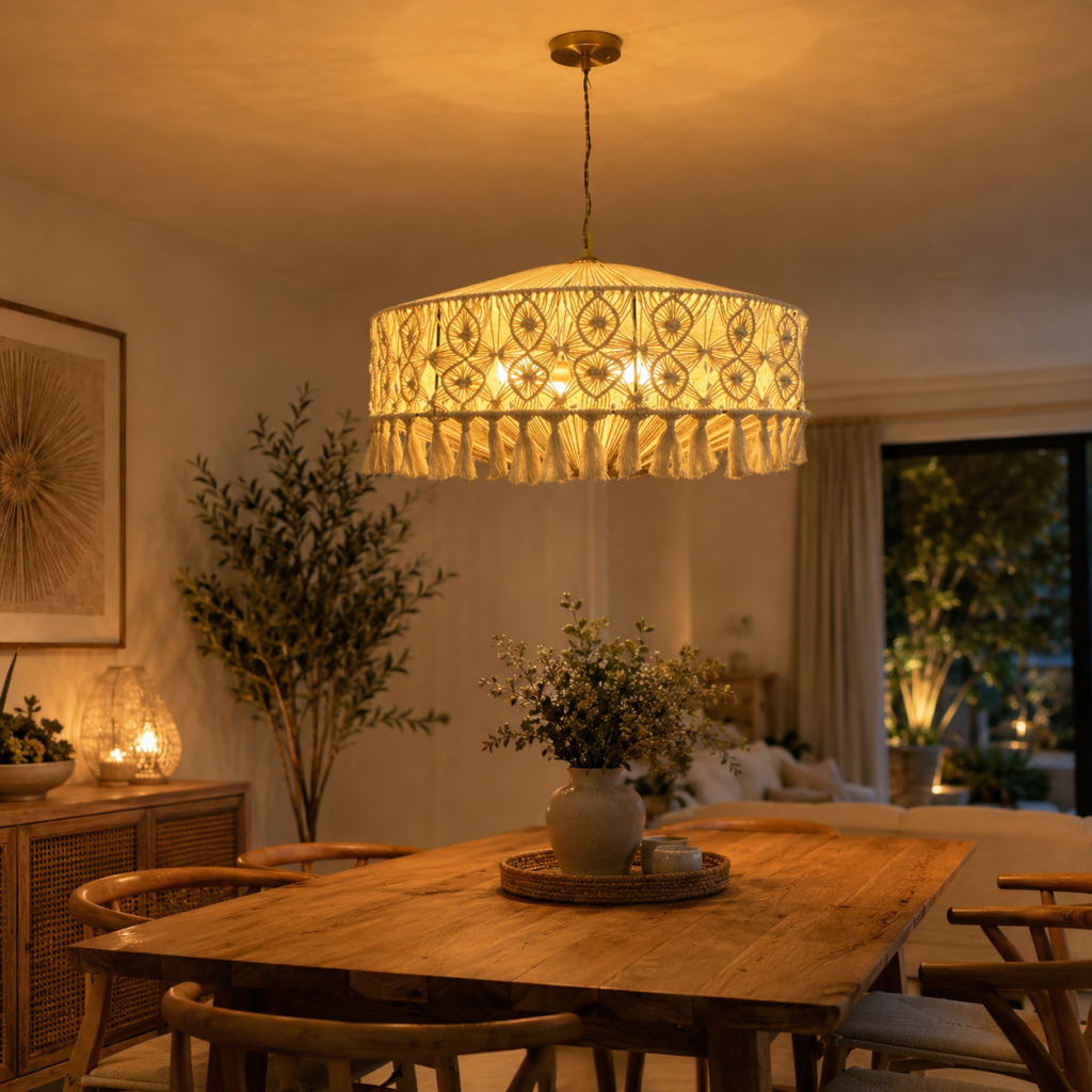 Lámpara colgante de macramé con flecos iluminando un comedor de madera de estilo bohemio.
