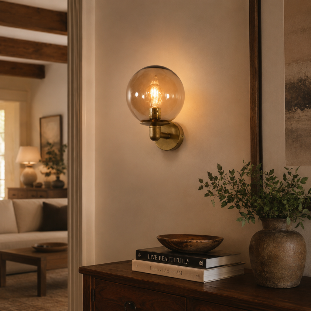 Aplique de pared dorado con globo de cristal ahumado y bombilla de filamento, encendido sobre un mueble de madera.