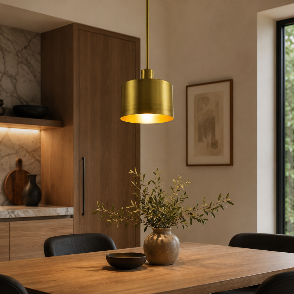 Lámpara colgante cilíndrica dorada iluminando una mesa de comedor de madera en una cocina moderna.