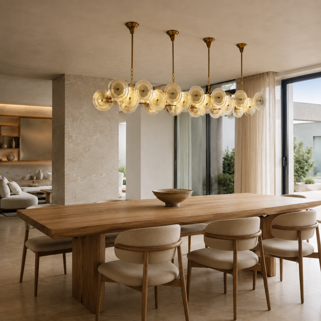 Lámpara colgante lineal dorada con discos de cristal superpuestos sobre una mesa de comedor de madera.