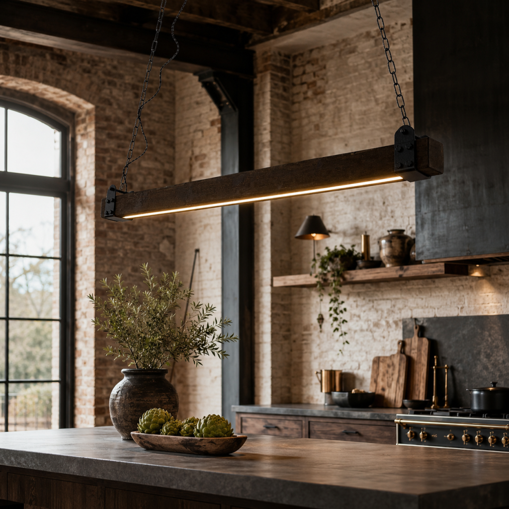 Lámpara colgante lineal de madera oscura con cadenas negras y luz LED cálida sobre una isla de cocina industrial.