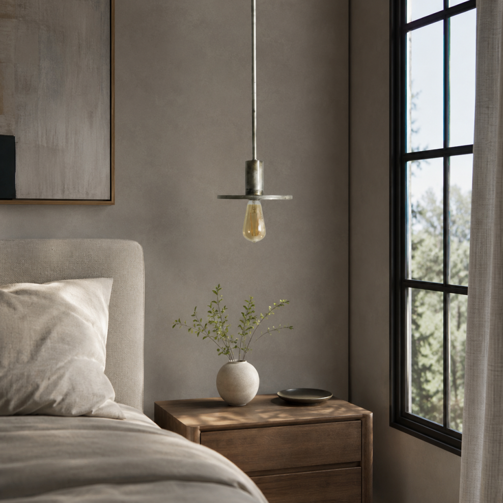 Lámpara colgante minimalista de metal envejecido con bombilla de filamento, instalada junto a una cama.
