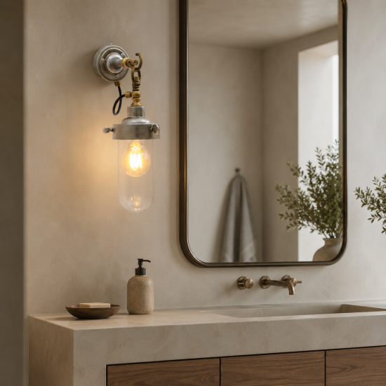 Aplique de pared vintage con tulipa cilíndrica de cristal transparente y bombilla de filamento, instalado junto al espejo de un baño.