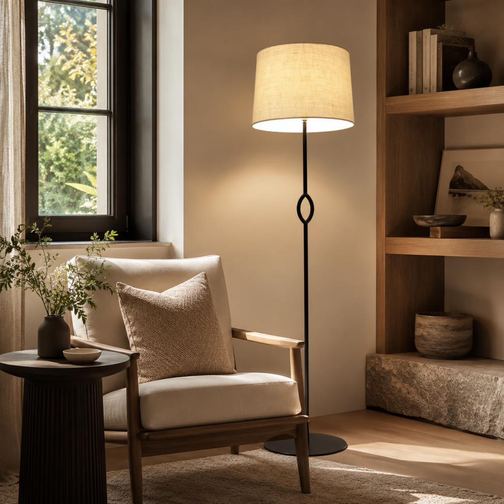 Lámpara de pie negra con pantalla cilíndrica de tejido beige junto a un sillón de lectura.