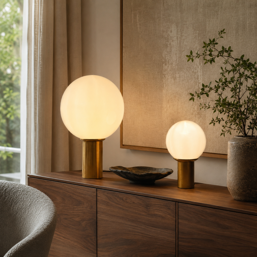 Dos lámparas de mesa con globos de cristal opalino y bases cilíndricas doradas sobre un aparador de madera.