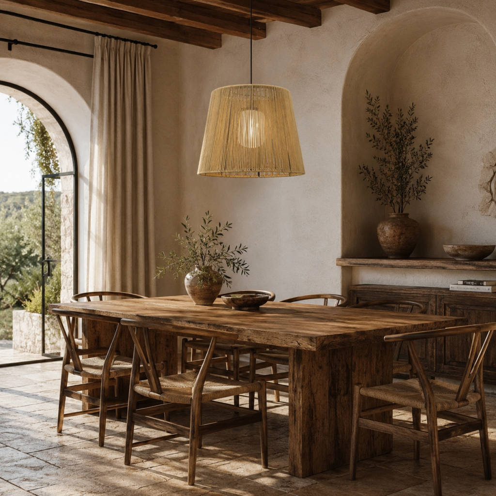 Lámpara colgante de fibra natural sobre una mesa de madera en un comedor rústico de estilo mediterráneo.
