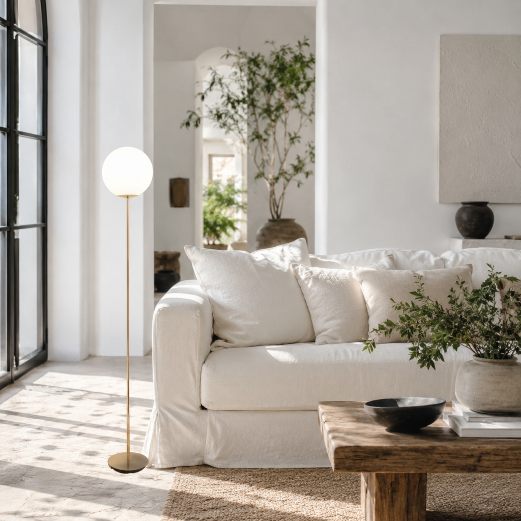 Lámpara de pie dorada con globo de cristal opalino junto a un sofá blanco en un salón luminoso.