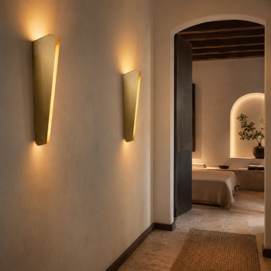 Dos apliques de pared verticales dorados con luz cálida ascendente y descendente en un pasillo de estilo mediterráneo.