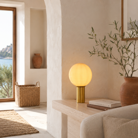 Lámpara de mesa con globo de cristal opal y base dorada sobre consola de piedra en un salón mediterráneo con luz natural