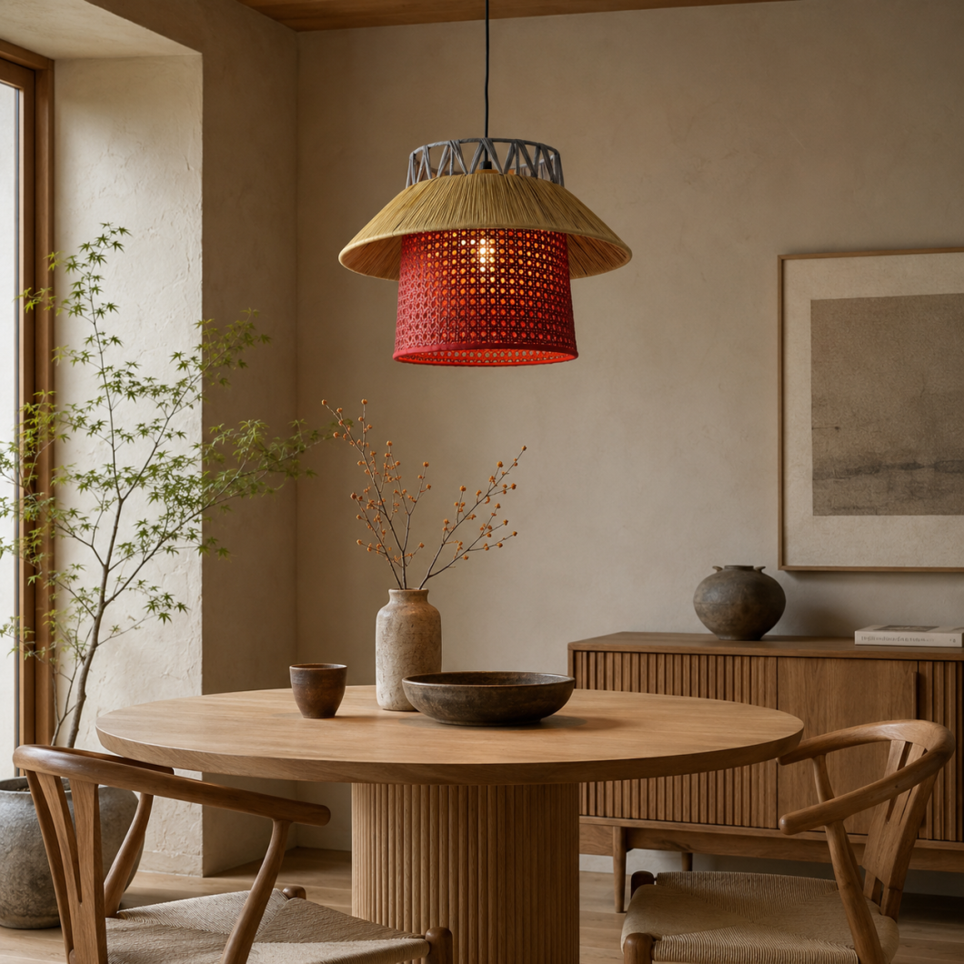 Comedor moderno con mesa redonda de madera y lámpara colgante artesanal de fibras naturales con pantalla roja y luz cálida