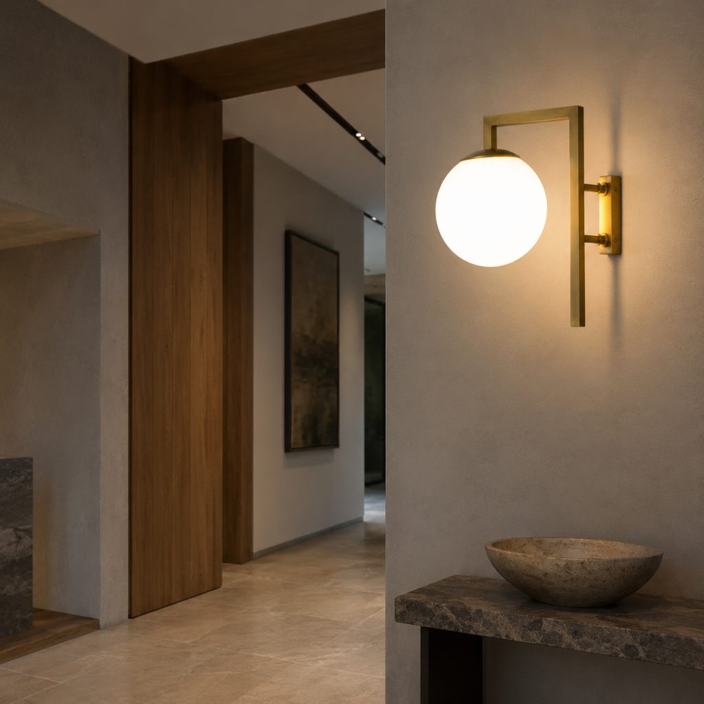 Aplique de pared en acabado dorado con globo blanco iluminado sobre pared clara en un interior moderno