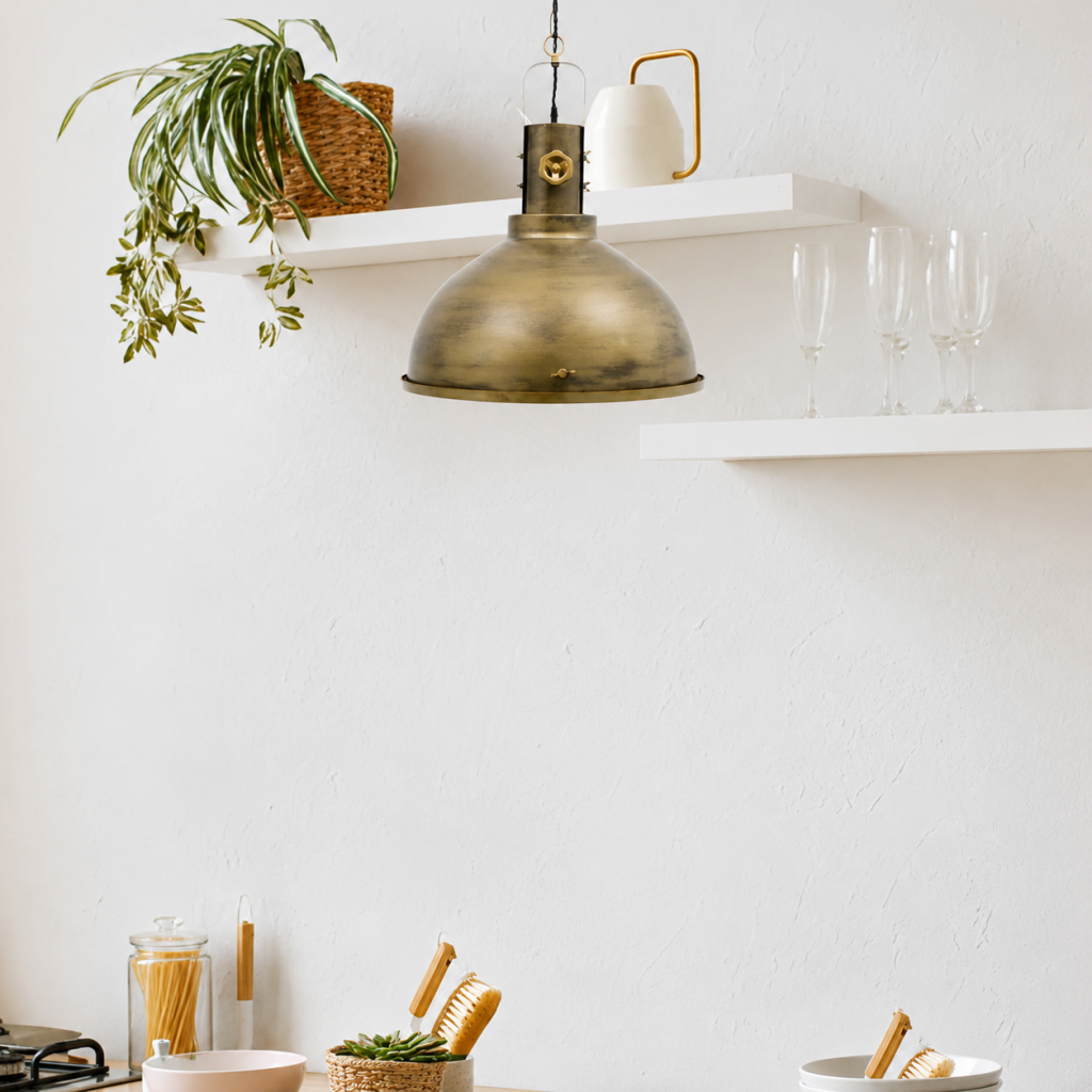 Lámpara colgante vintage industrial con pantalla de campana en acabado dorado rústico sobre pared blanca con estantes decorativos