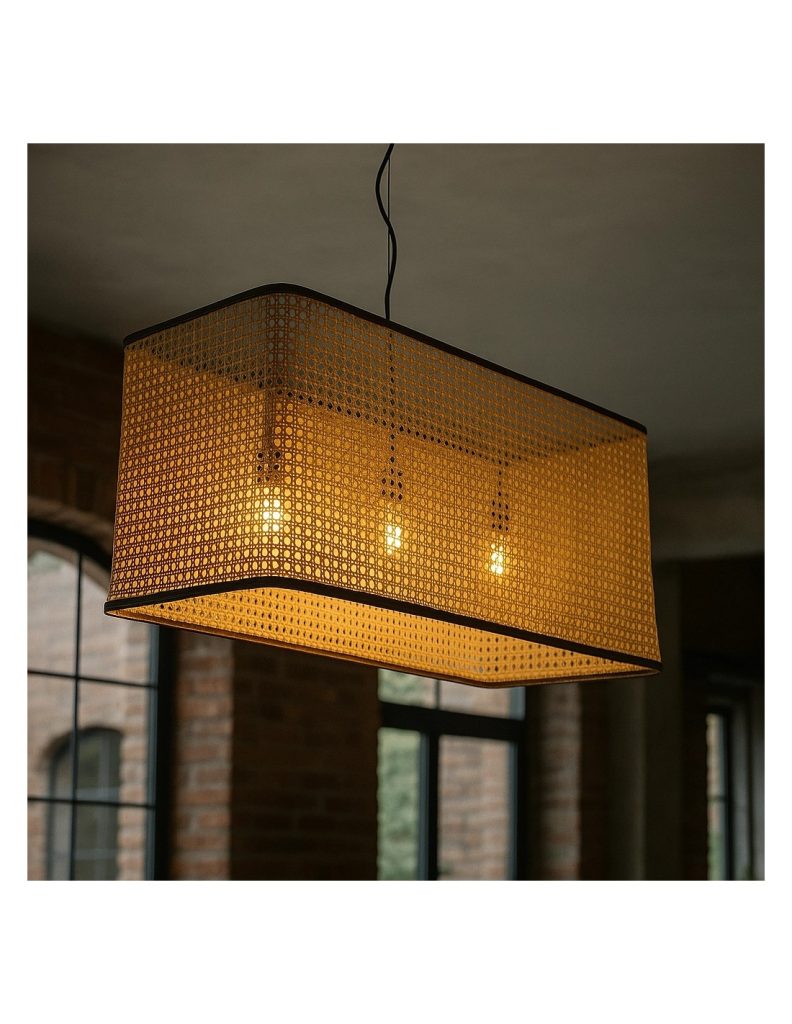 Lámpara colgante rectangular de fibras naturales con luz cálida en un interior de estilo rústico e industrial