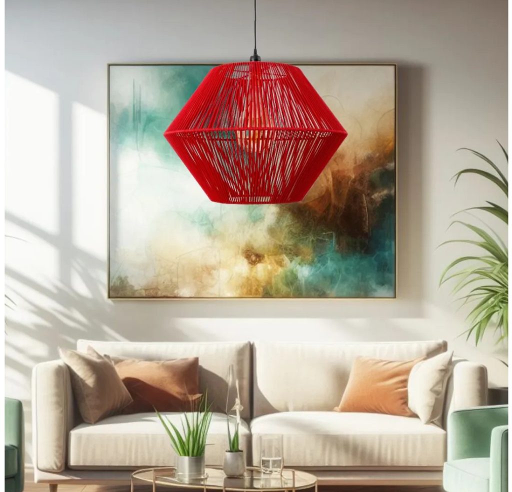 Lámpara colgante vintage de cuerda roja instalada en salón luminoso con sofá blanco y cuadro decorativo.