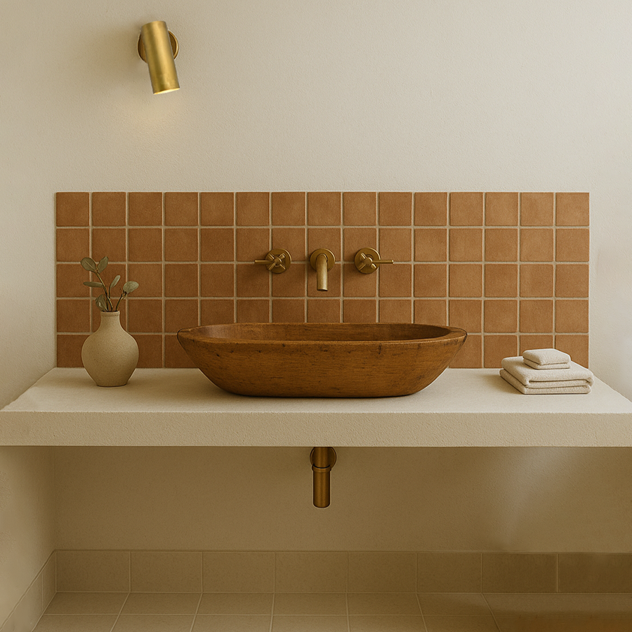Aplique de pared orientable en acabado latón instalado sobre un lavabo de piedra en un baño de estilo mediterráneo.
