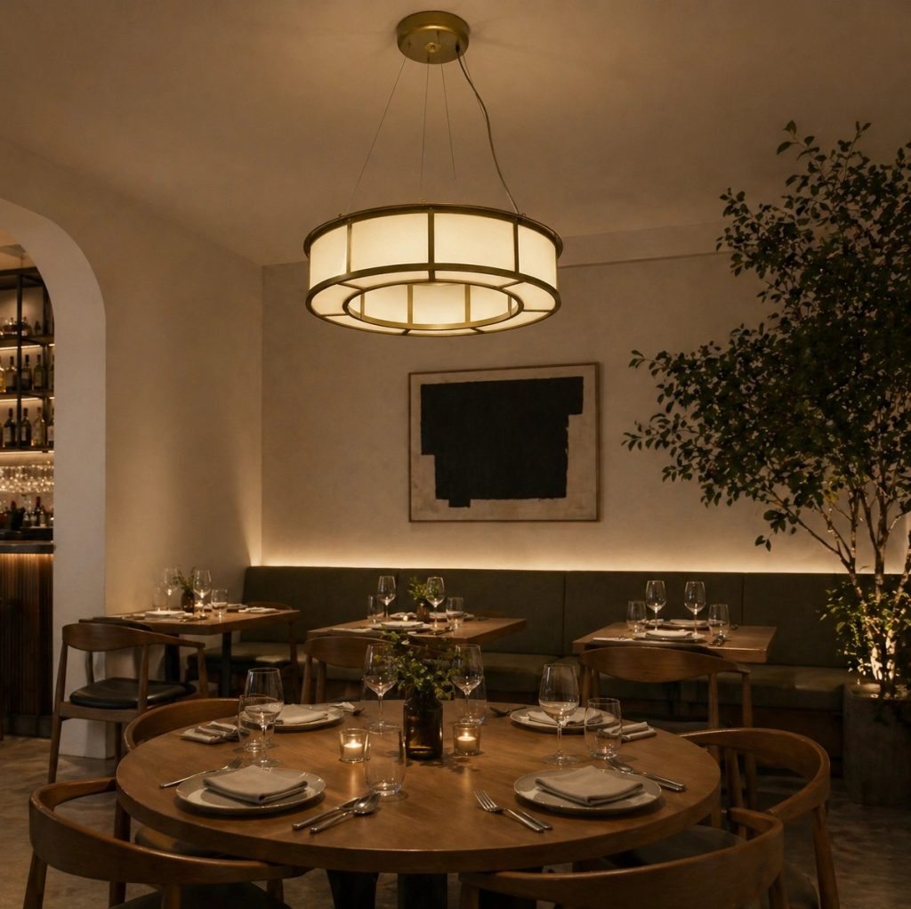 Lámpara colgante circular de estilo vintage con estructura dorada y pantallas translúcidas iluminando un restaurante elegante.