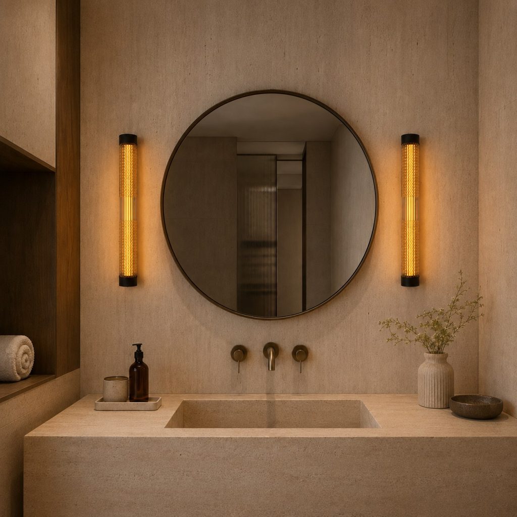 Apliques tubulares de pared con cristal texturizado y luz cálida instalados a ambos lados de un espejo redondo en un baño moderno.