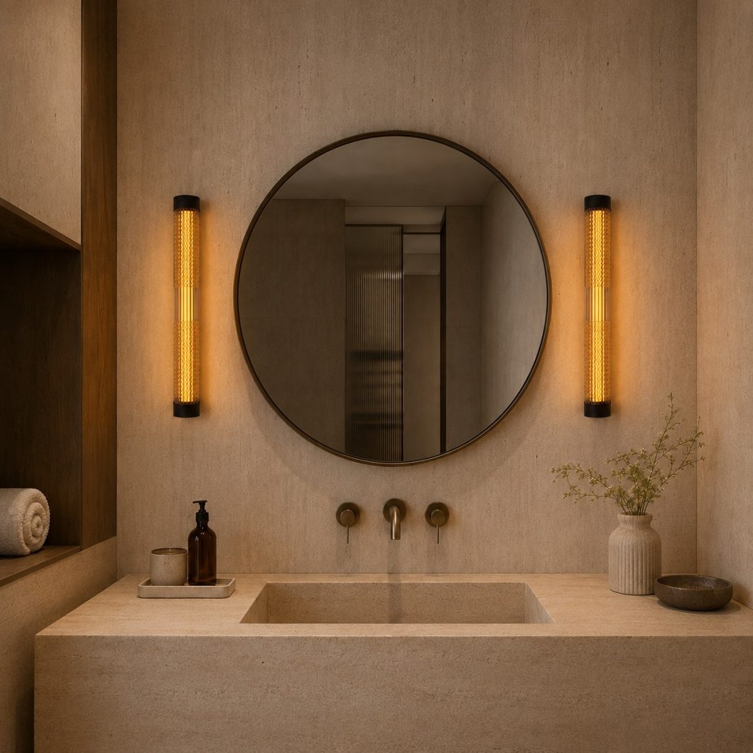 Apliques tubulares de pared con cristal texturizado y luz cálida instalados a ambos lados de un espejo redondo en un baño moderno.
