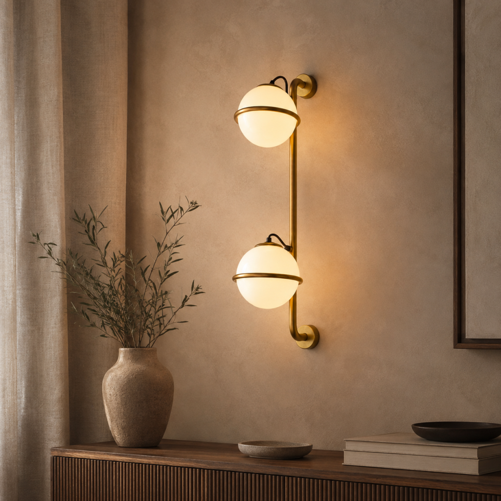 Aplique de pared de latón con doble globo de cristal opal encendido sobre consola de madera.