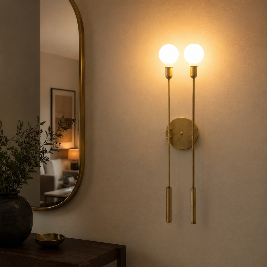 Aplique de pared de latón con dos luces esféricas encendidas junto a un espejo en un interior elegante.