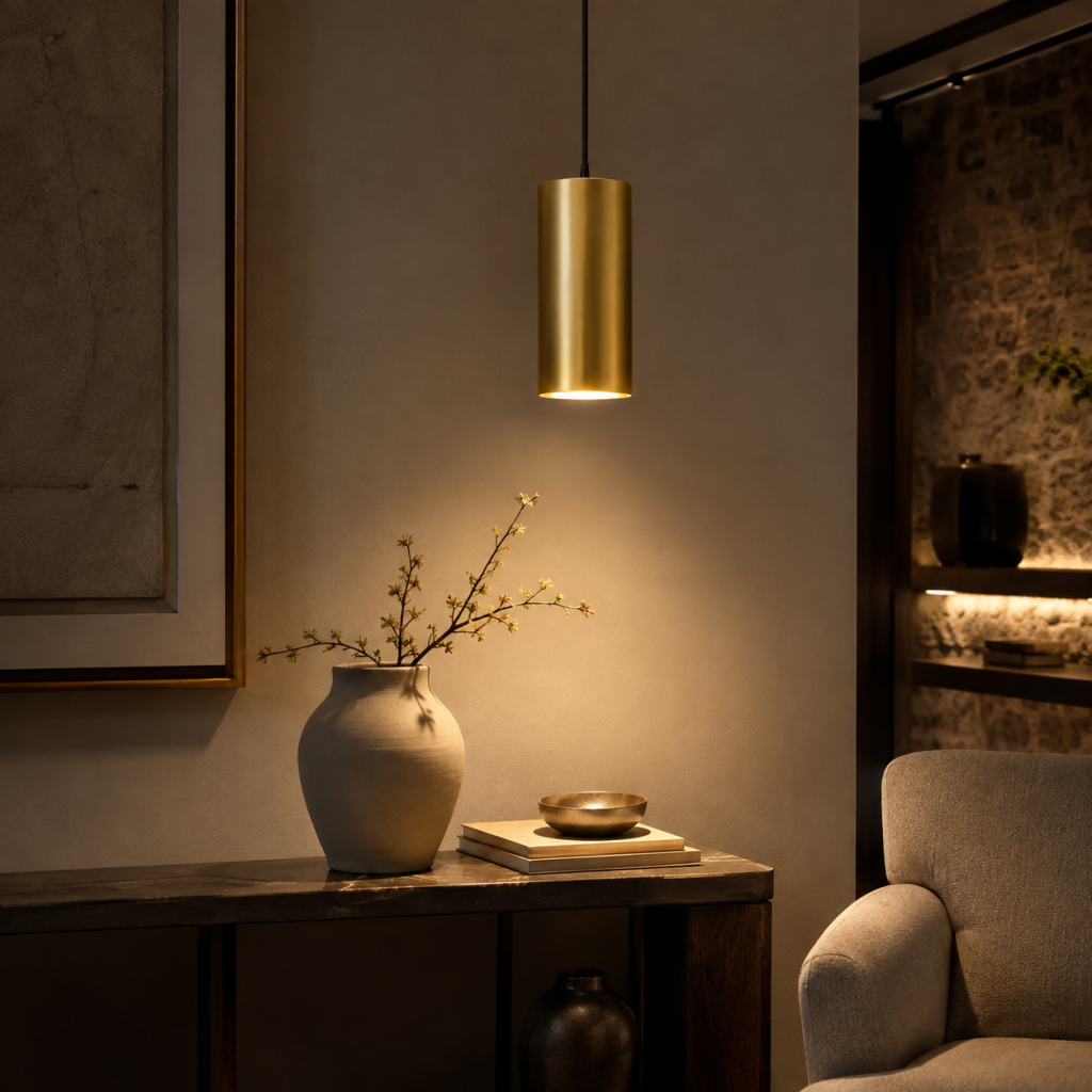 Lámpara colgante cilíndrica de latón iluminando un jarrón decorativo sobre una consola.