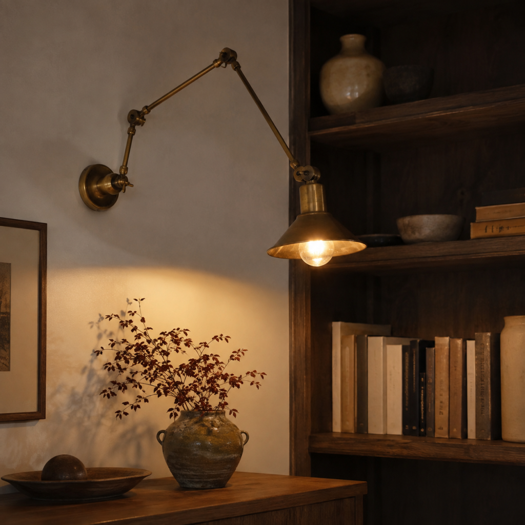 Aplique de pared articulado de latón con pantalla metálica iluminando una consola junto a una estantería de madera.