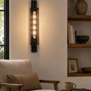 Aplique de pared vertical negro con tubo de cristal iluminado junto a un sillón y una estantería de madera.