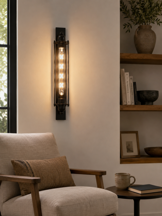 Aplique de pared vertical negro con tubo de cristal iluminado junto a un sillón y una estantería de madera.