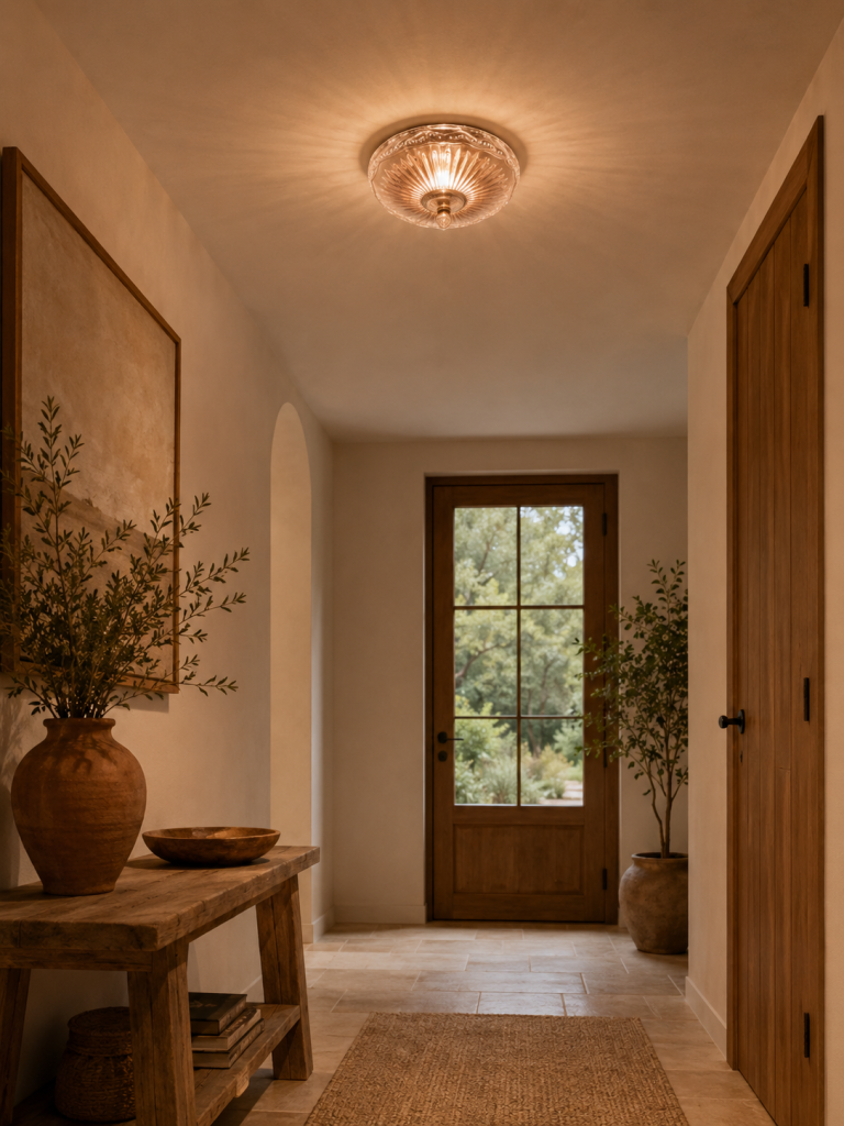 Plafón de techo de cristal decorado con luz cálida iluminando un recibidor de estilo mediterráneo.