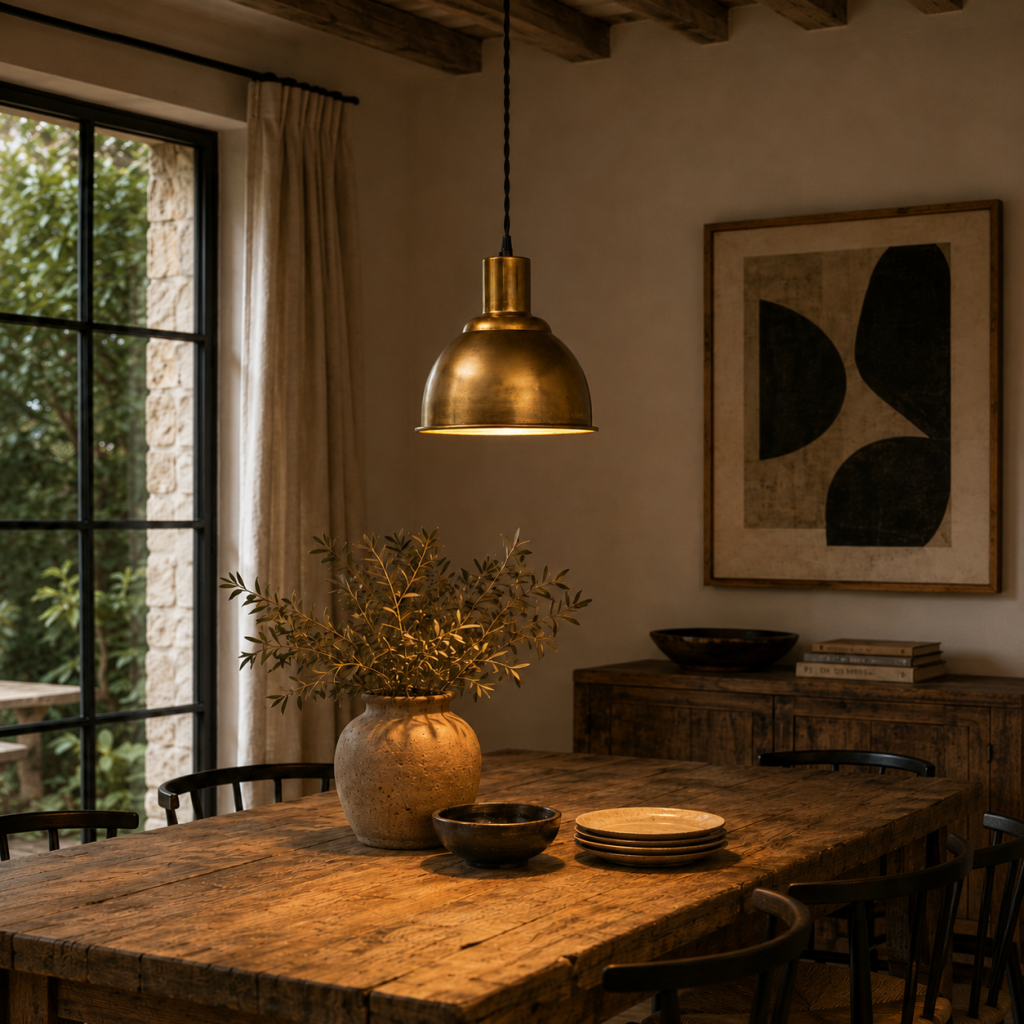 Lámpara colgante de latón envejecido iluminando una mesa de madera en un comedor rústico elegante.
