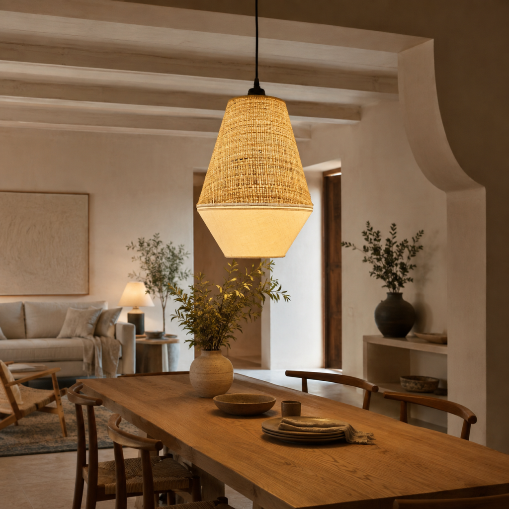 Lámpara colgante con pantalla de fibra natural iluminando una mesa de comedor de madera en un interior mediterráneo.