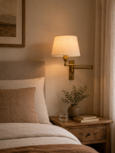 Aplique de pared articulado de latón con pantalla de tela iluminando una mesita de noche junto a la cama.