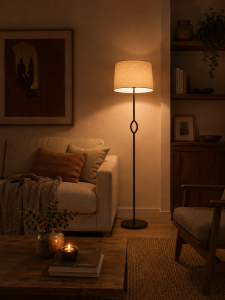 Lámpara de pie negra con pantalla de tela iluminando un rincón de salón con sofá y mobiliario de madera.