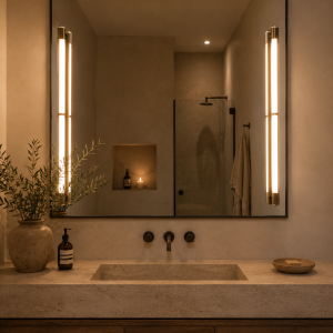 Espejo de baño con dos apliques verticales de luz cálida integrados a ambos lados sobre un lavabo de piedra.