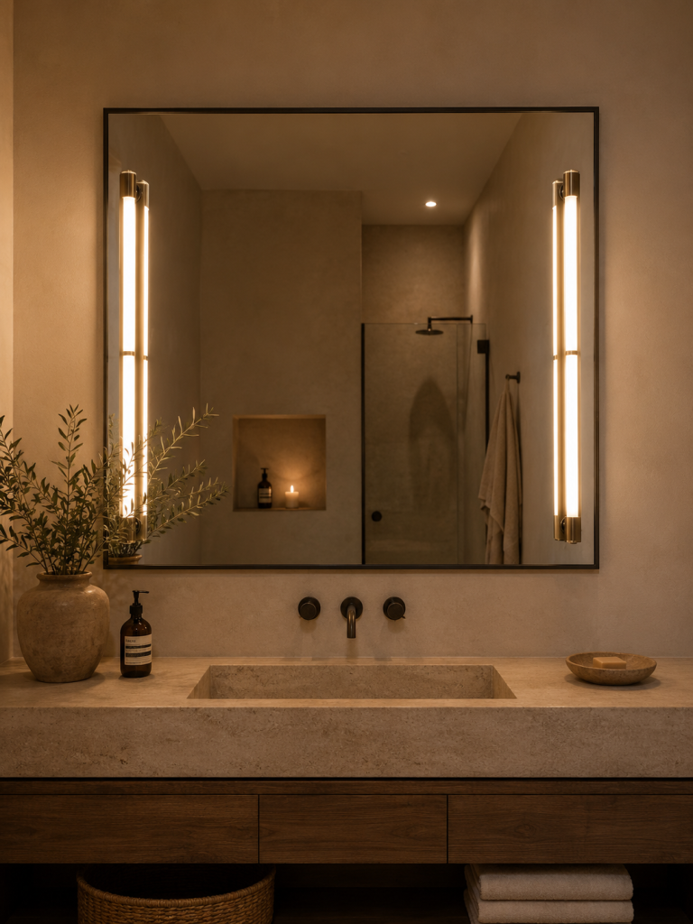 Espejo de baño con dos apliques verticales de luz cálida integrados a ambos lados sobre un lavabo de piedra.